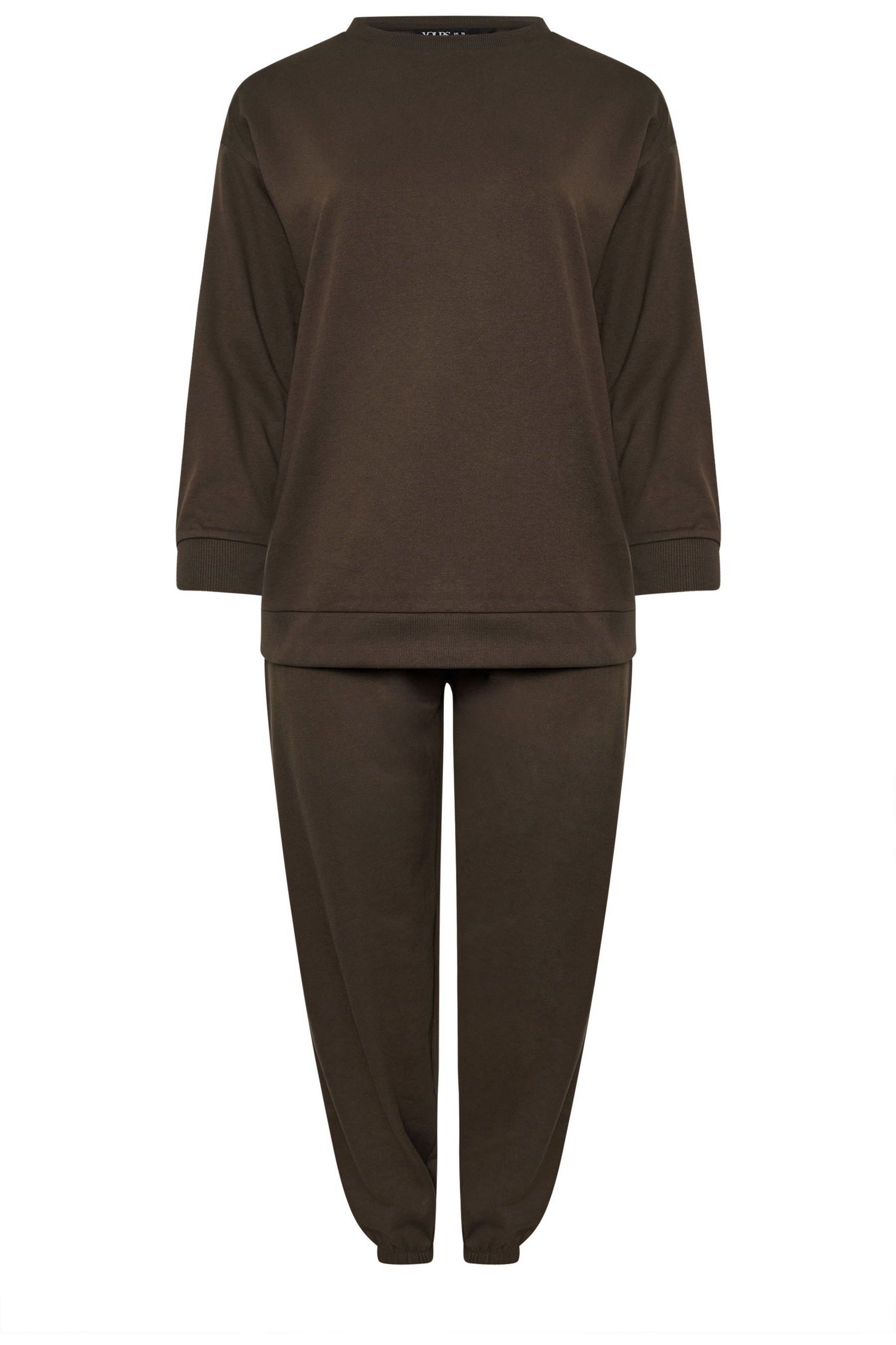 Yours Curve Brown Crewneck Sweatshirt With Cuffed Joggers Set