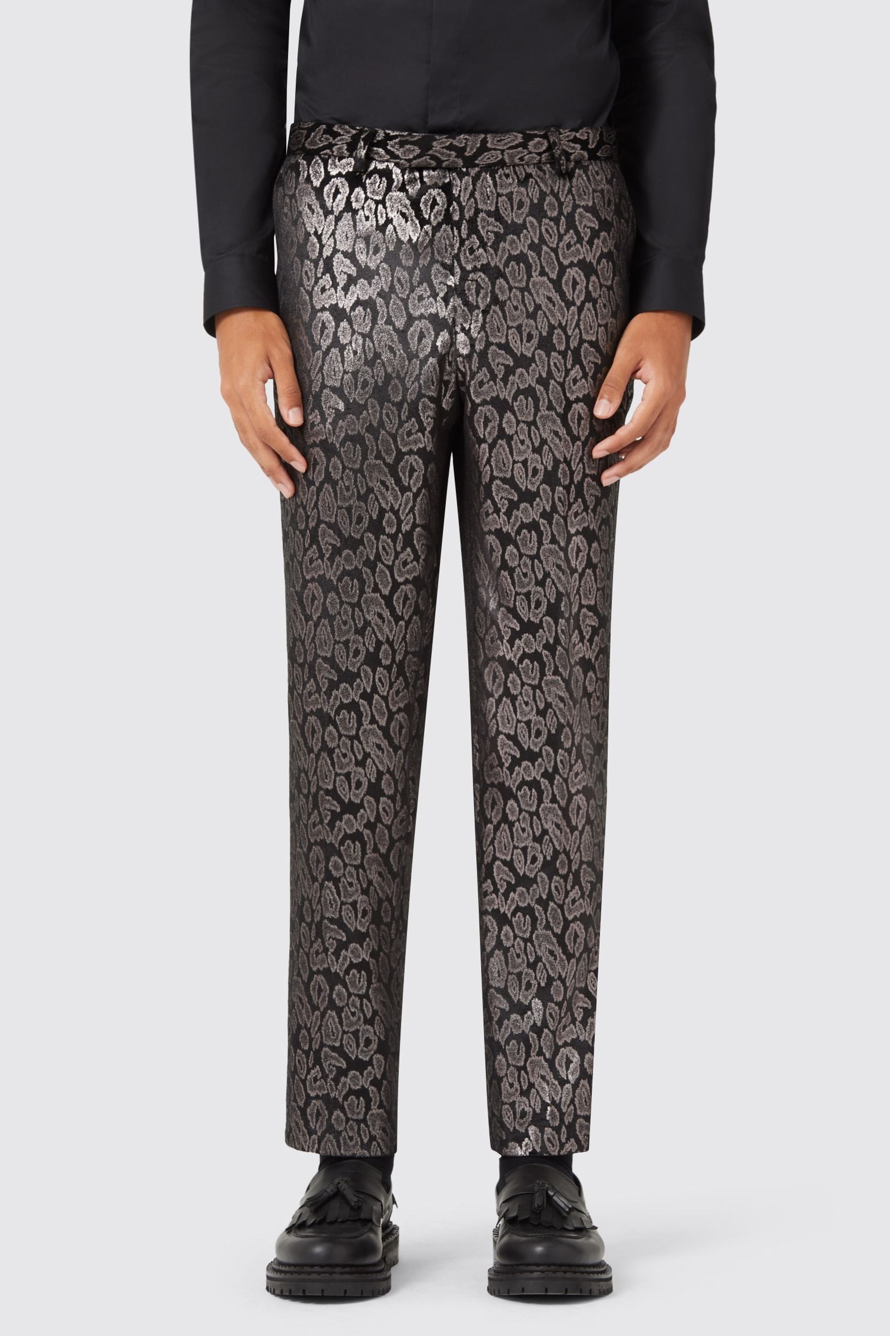 Twisted Tailor Black Slim Fit Ferbane Metallic Leopard Print Trousers