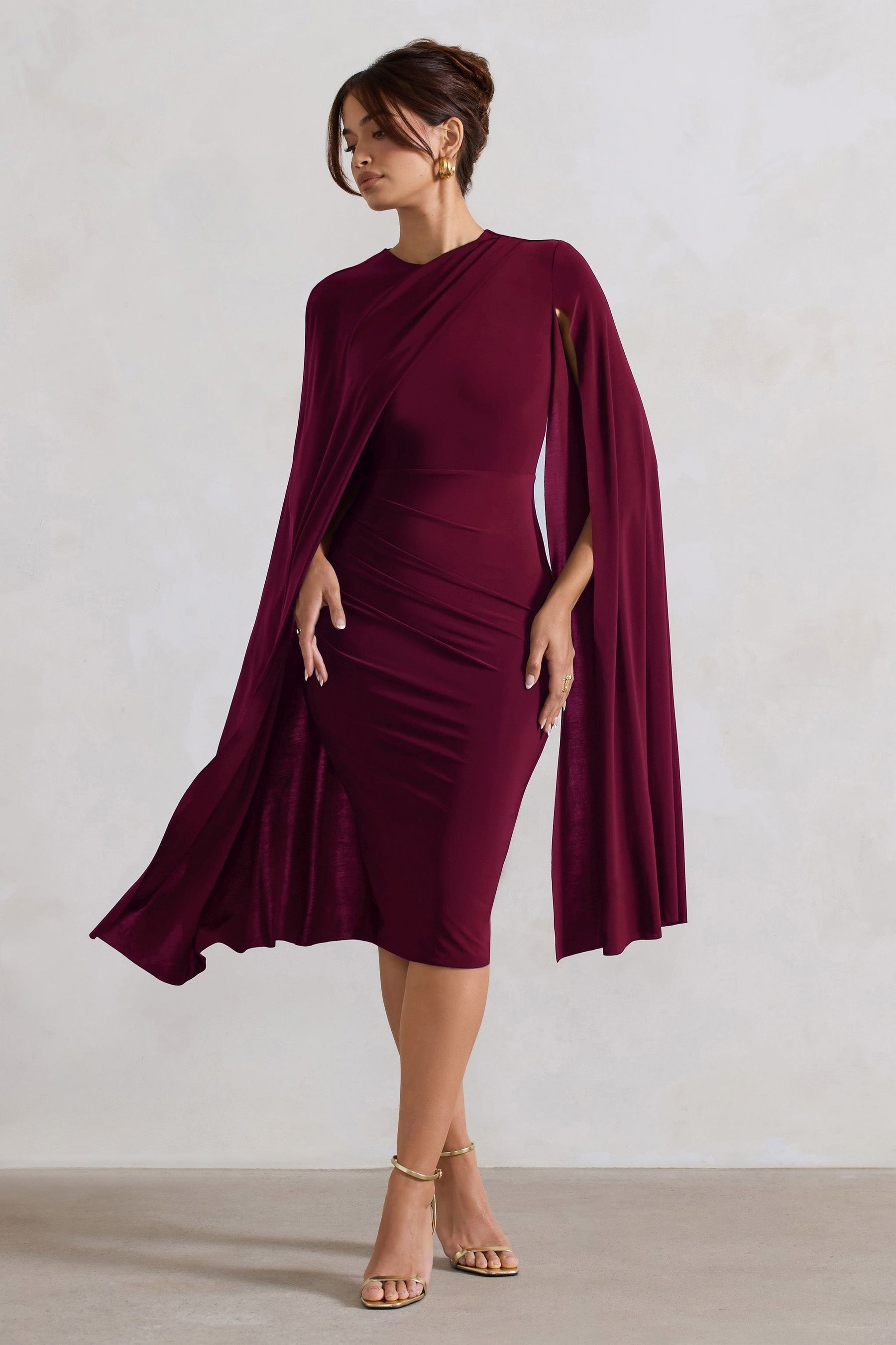 Club L London Burgundy Red Marysol Asymetric Cape Midi Dress