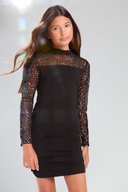 Lipsy Black Teen Glitter Mesh Ruched Dress (10-16yrs) - Image 1 of 4