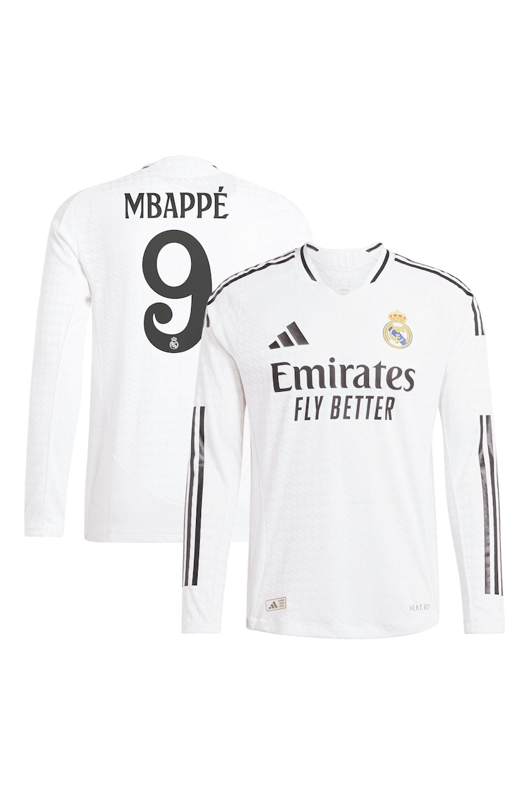 adidas White Real Madrid Home Authentic Long Sleeve Shirt 2024-25 with Mbappé 9 Printing - Image 1 of 3