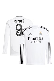 adidas Pearl White Kids Real Madrid Home Long Sleeve Shirt 2024-25 with Mbappé 9 Printing - Image 1 of 3