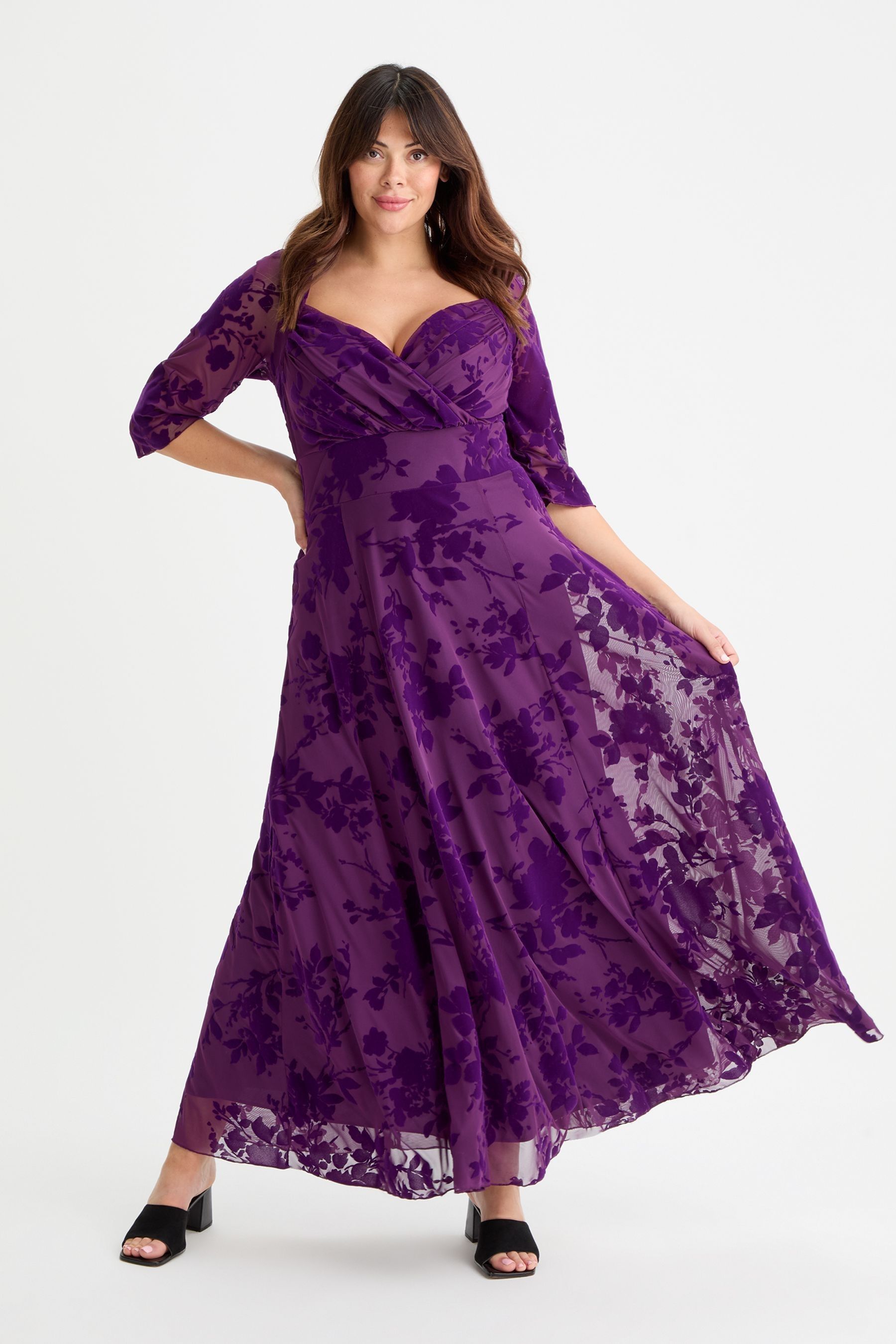 Buy Scarlett Jo Purple Elizabeth Velvet Flocked Mesh Maxi Gown from Next Luxembourg