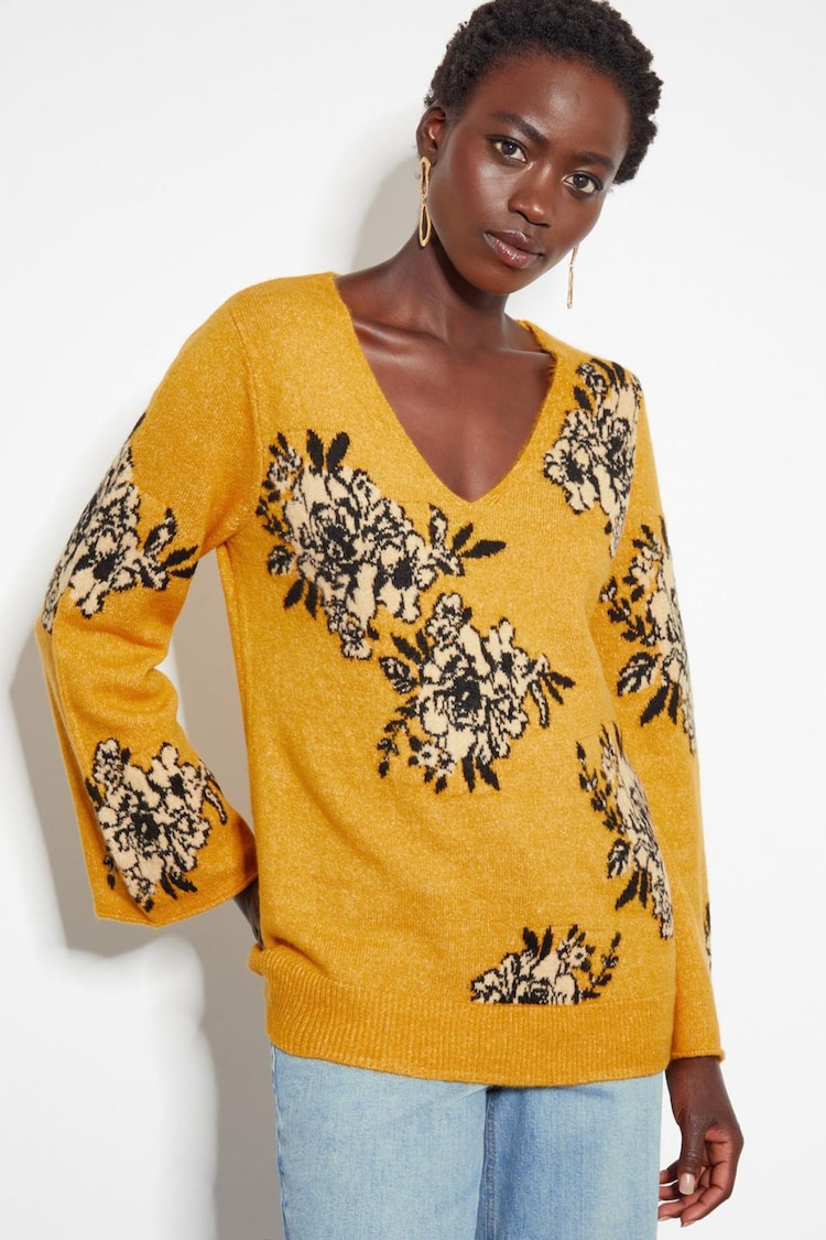 Monsoon Yellow Jess V-Neck Floral Jacquard Jumper - Image 1 of 5