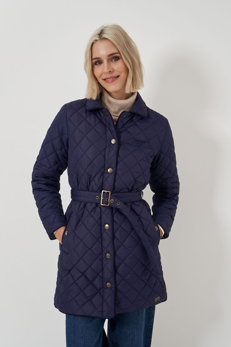 Crew Clothing Company Blue Belted Diamond Quilted Coat - Image 1 of 5