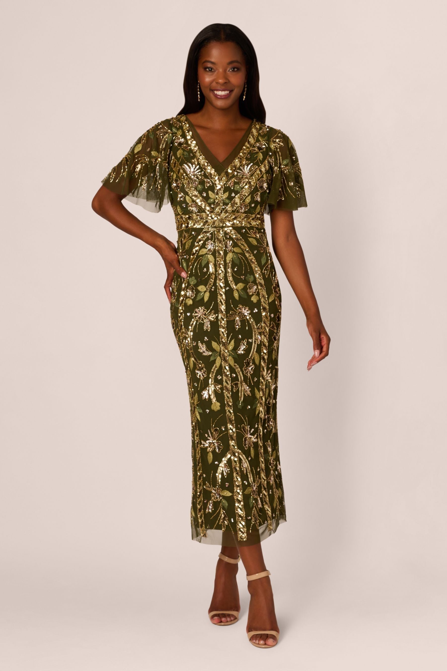 Buy Adrianna Papell Green Beaded Flutter Sleeve Dress from Next Finland