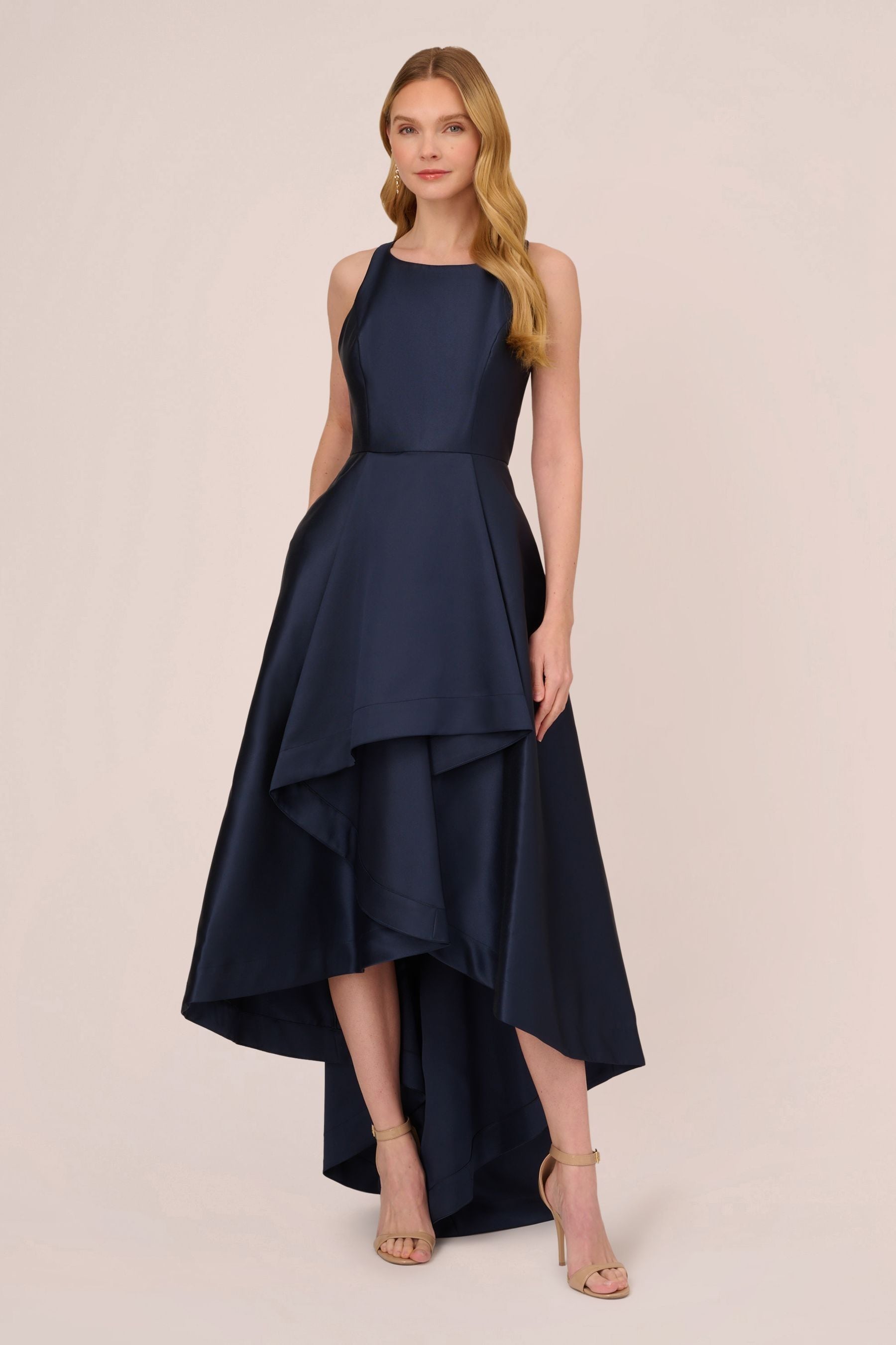 Adrianna Papell Blue Mikado High Low Gown 12 Womens