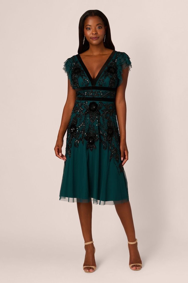 Adrianna Papell Green Velvet Beaded Mesh Dress - Image 1 of 7