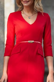 Sosandar Red Petite Structured Shoulder Belted Pencil Dress - Image 5 of 5