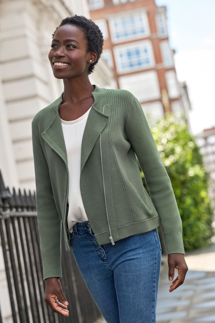 Pure Collection Green Cotton Blend Zip Through Knit Jacket with Zip Pockets - Image 1 of 3