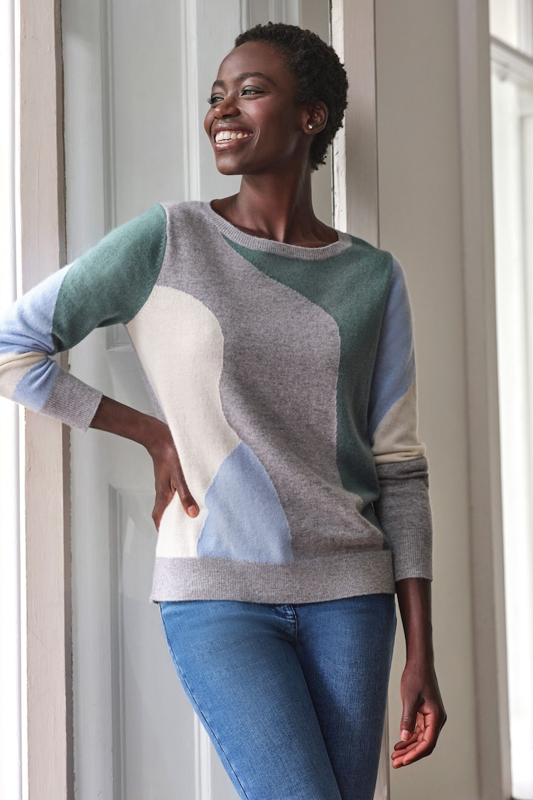 Pure Collection Wool Cashmere Abstract Intarsia Crew Neck White Jumper - Image 1 of 3