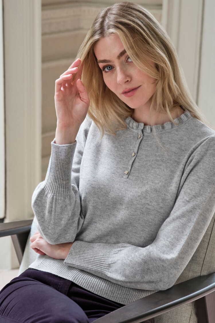 Pure Collection Grey Cashmere Frill Neck Jumper - Image 1 of 2