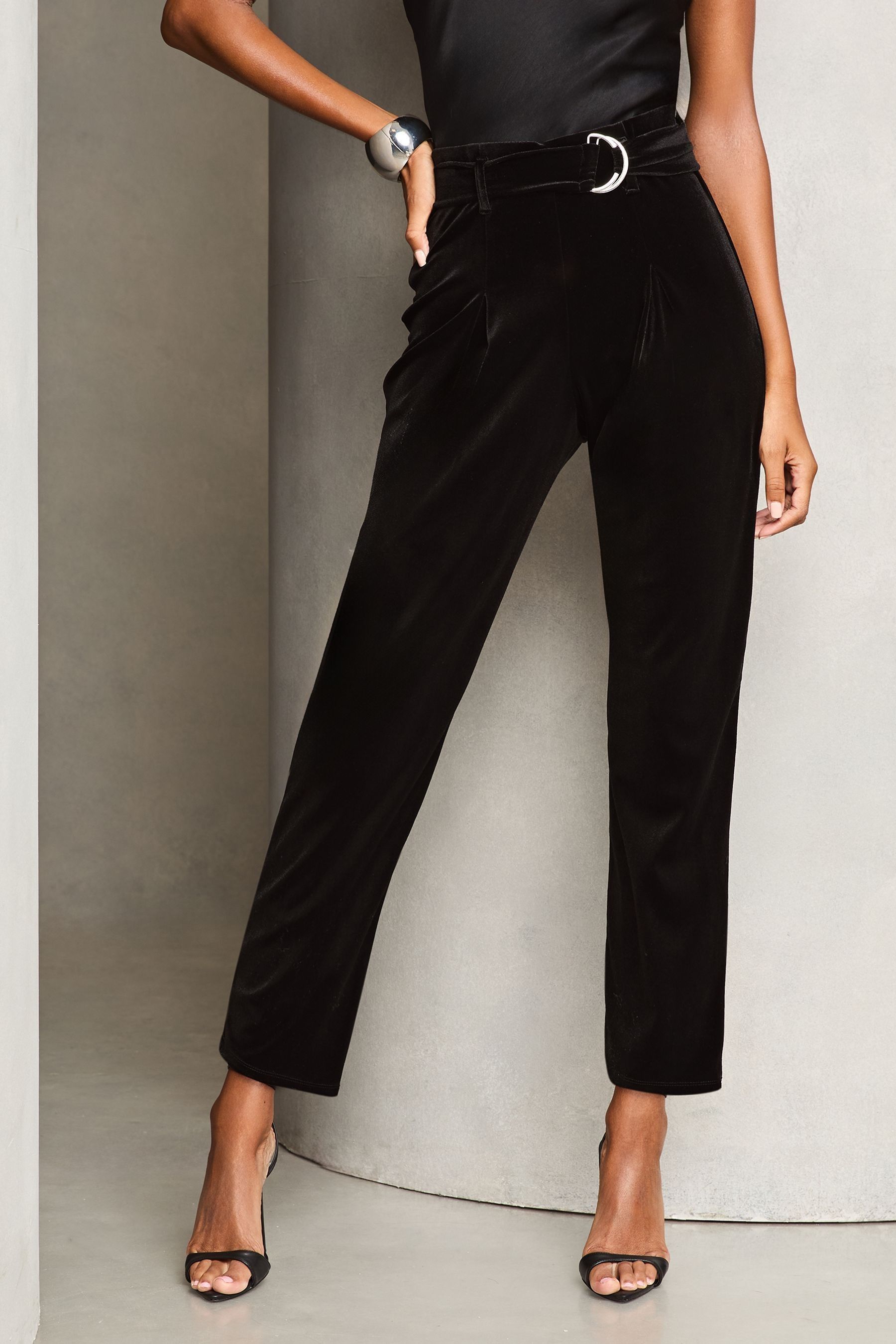 Buy Black Petite Paperbag Velvet Trousers from Next Luxembourg