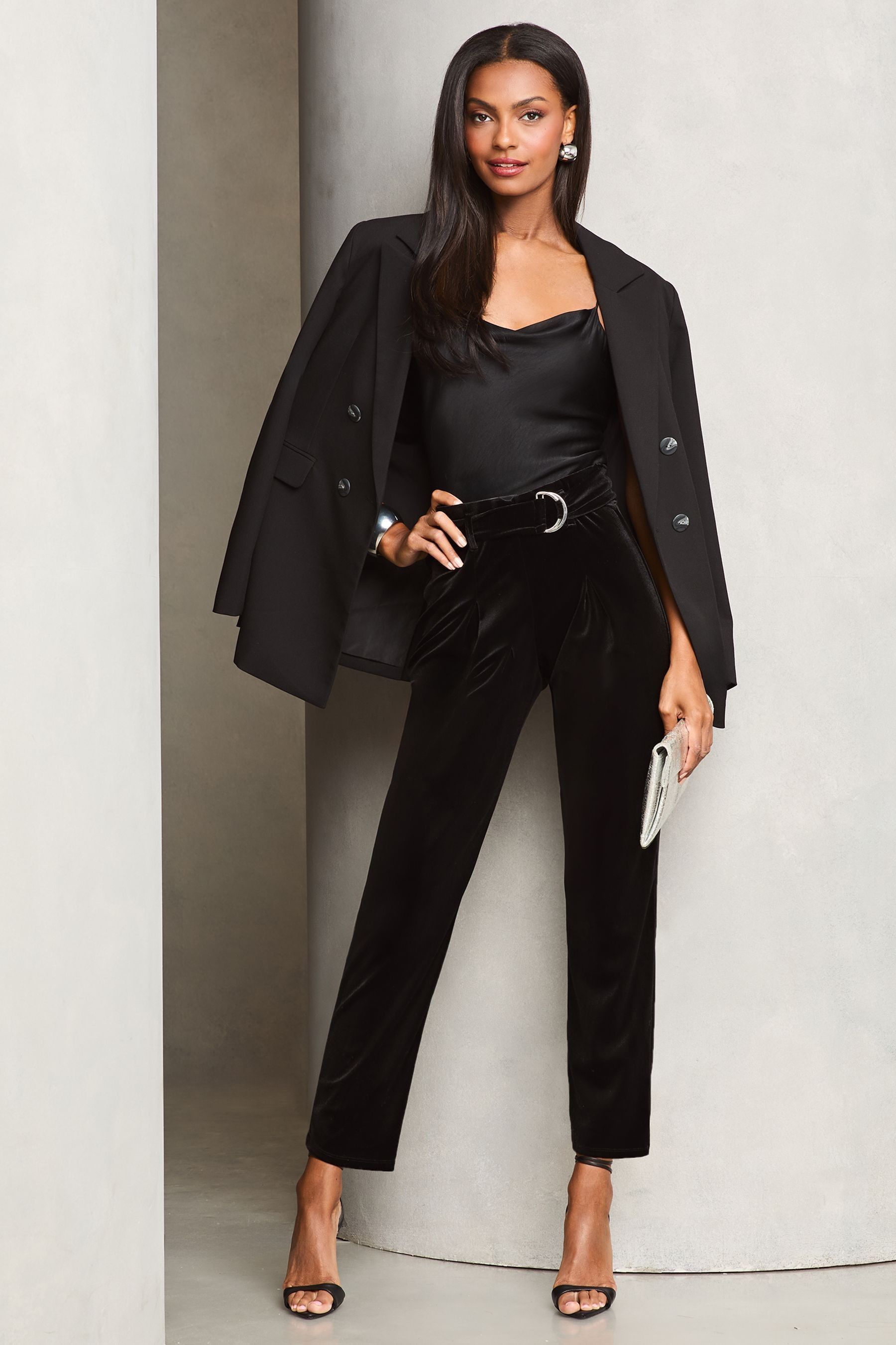Buy Black Petite Paperbag Velvet Trousers from the Next UK online shop