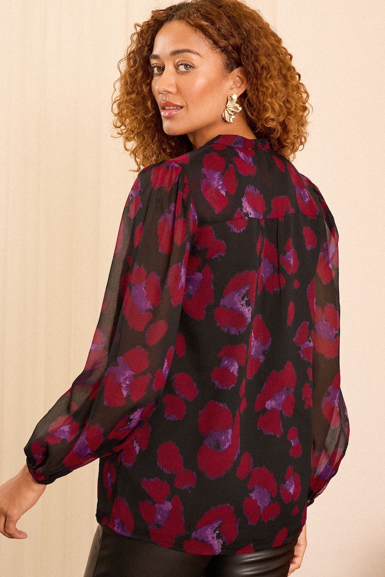 Love & Roses Red Animal Petite Zip Front Mix Sheer Long Sleeve Blouse - Image 4 of 4