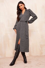 Friends Like These Grey Cosy Long Sleeve Open Neck Midi Dress - Image 3 of 4