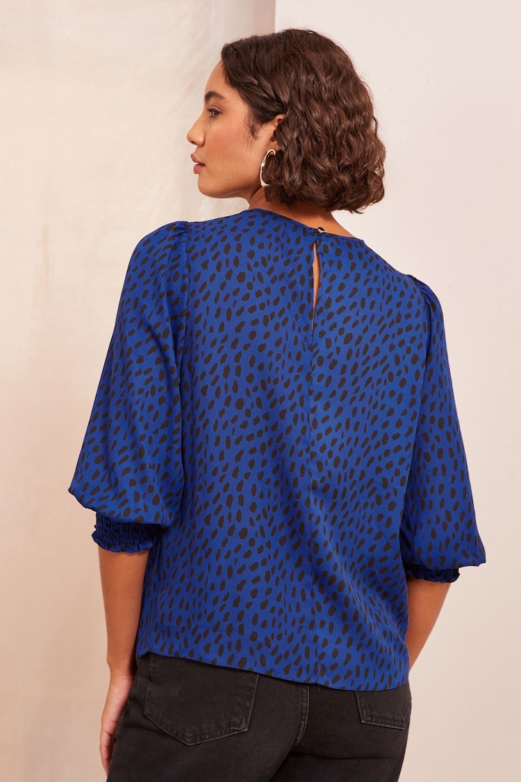 Friends Like These Blue Polka Dot Round Neck Shirred Cuff 3/4 Sleeve Top - Image 4 of 4