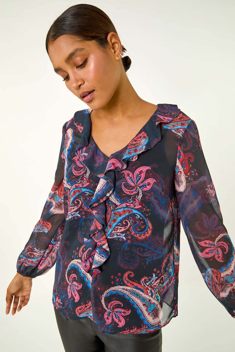 Roman Purple Paisley Print Frill Top - Image 1 of 5