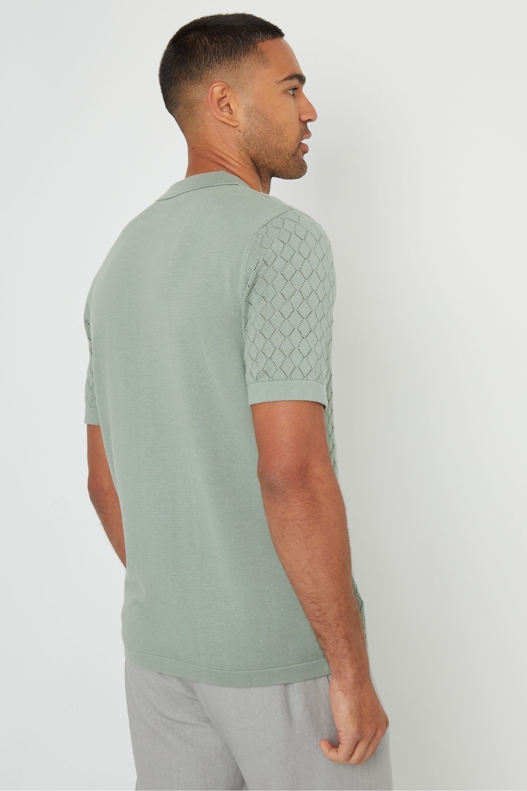 Threadbare Green 100% Cotton Pointelle Revere Collar Short Sleeve Knitted Shirt - Image 2 of 3