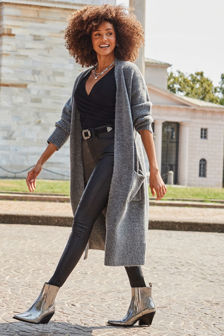 Sosandar Grey Longline Cardigan With Scarf - Image 1 of 5