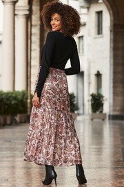 Sosandar Natural Paisley Print Metallic Stripe Tiered Maxi Skirt - Image 5 of 5