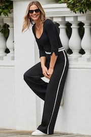 Sosandar Black Stripe Waistband Wide Leg Trousers - Image 4 of 5