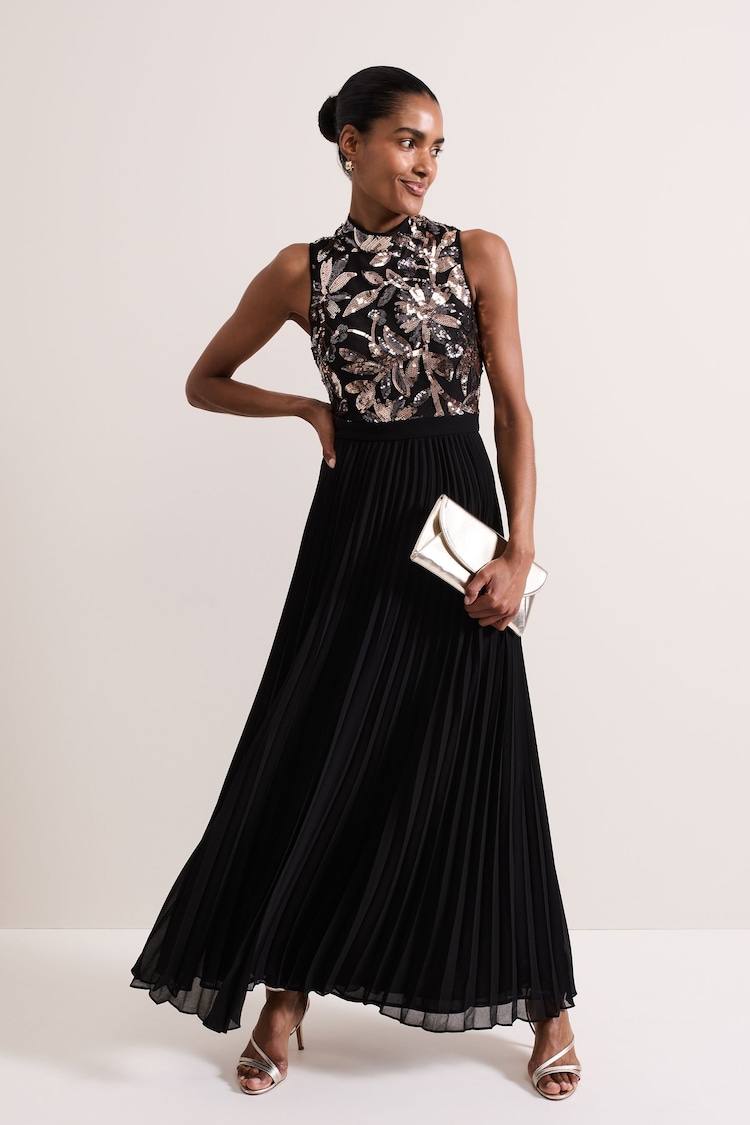 Phase Eight Black Emalise Sequin Pleat Maxi Dress - Image 1 of 7