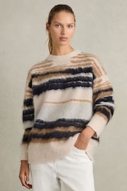 Reiss Cream/Camel Emily Striped Crew-Neck Jumper With Mohair - Image 1 of 6