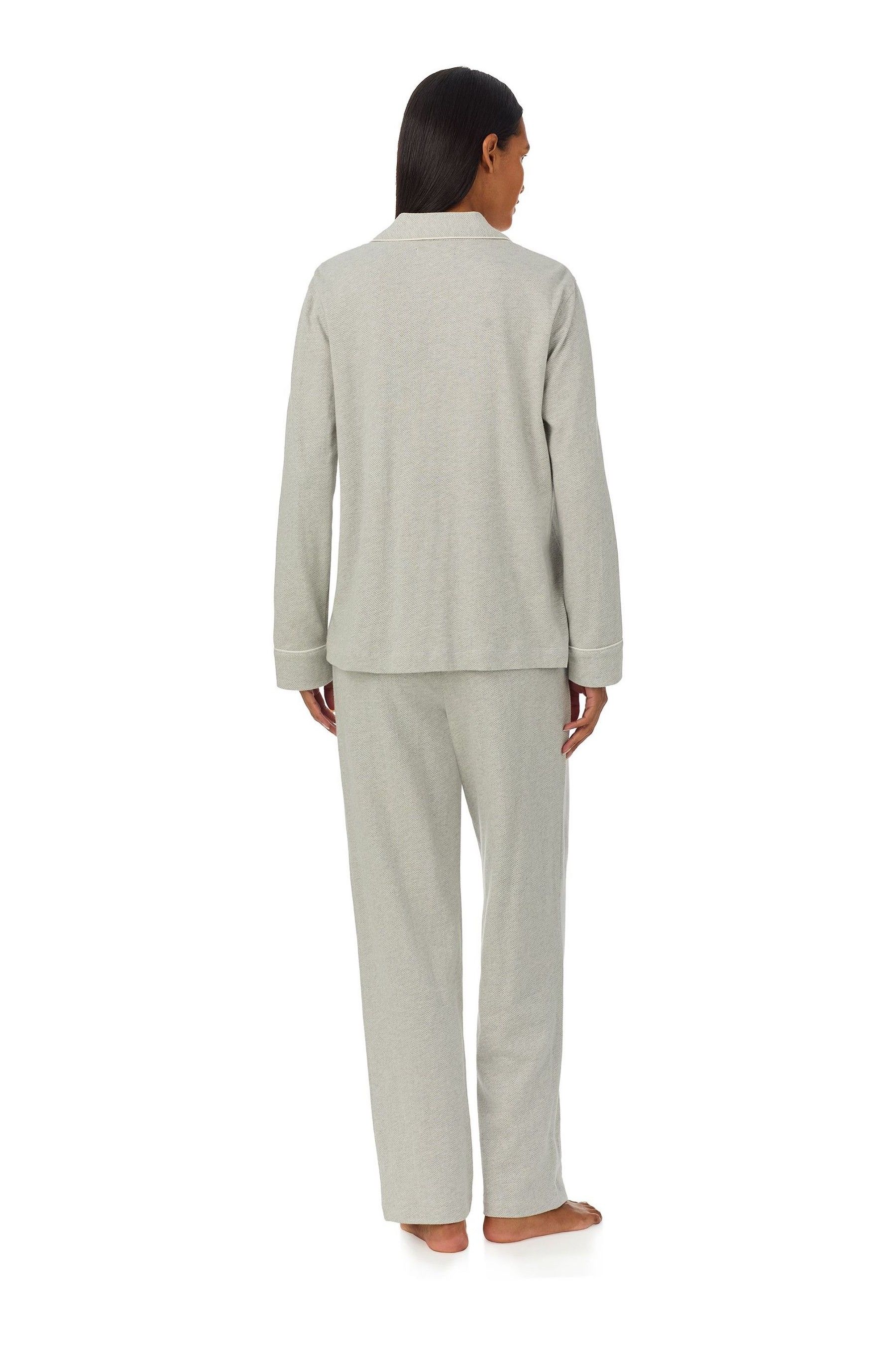 Lauren Ralph Lauren Grey Herringbone Knit Notch Collar 100 Cotton Pyjamas