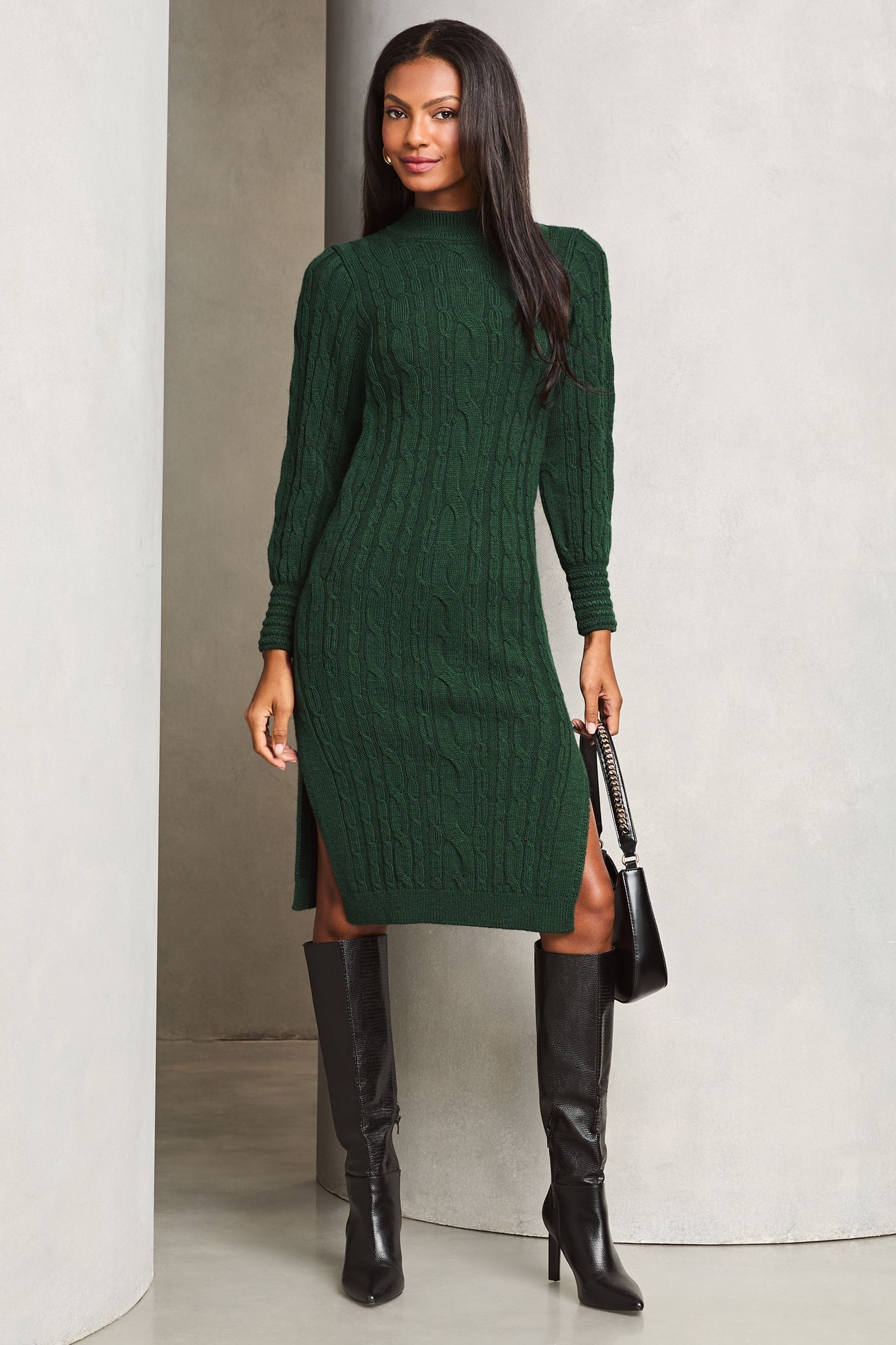 Buy Lipsy Green Petite Longline Side Split Cable Knitted Dress from the ...