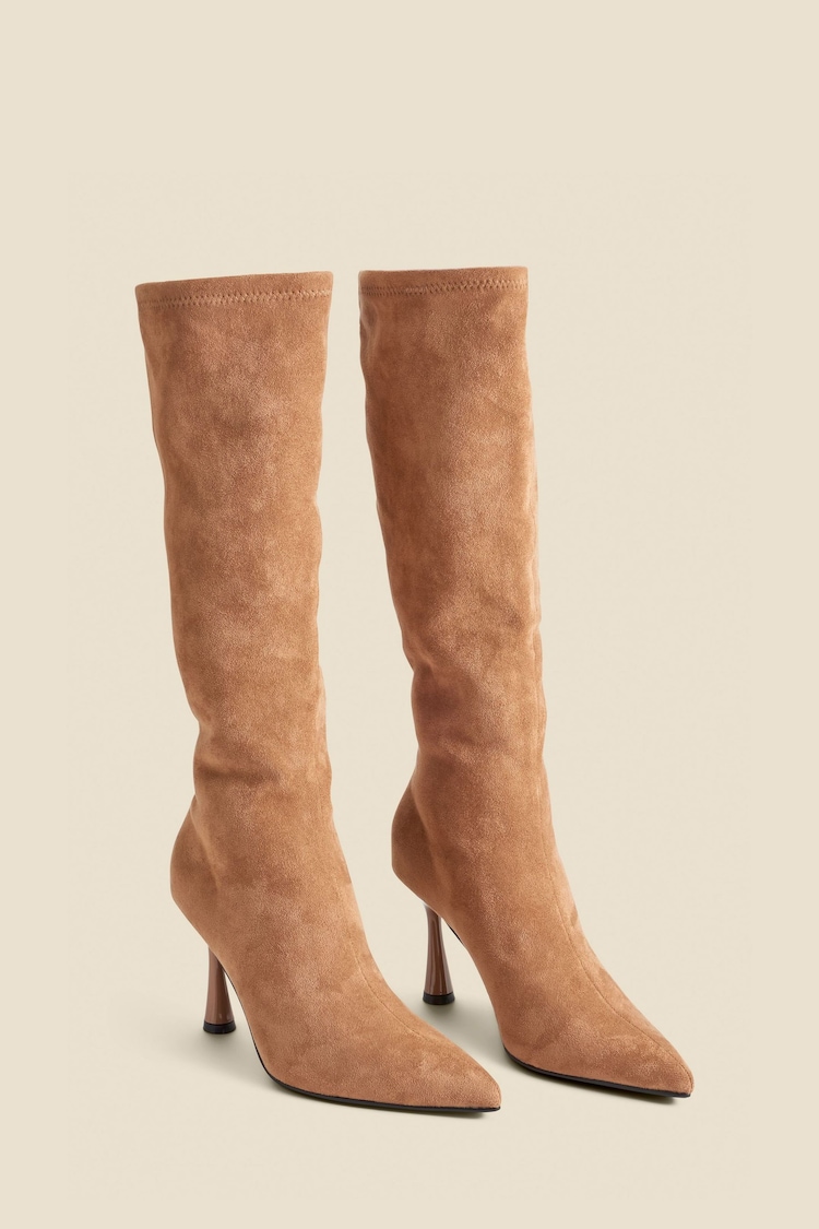 Sosandar Natural Faux Suede Knee High Flared Heel Boots - Image 2 of 4