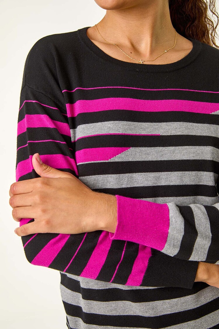 Roman Pink Crew Neck Contrast Stripe Knit Jumper - Image 5 of 5