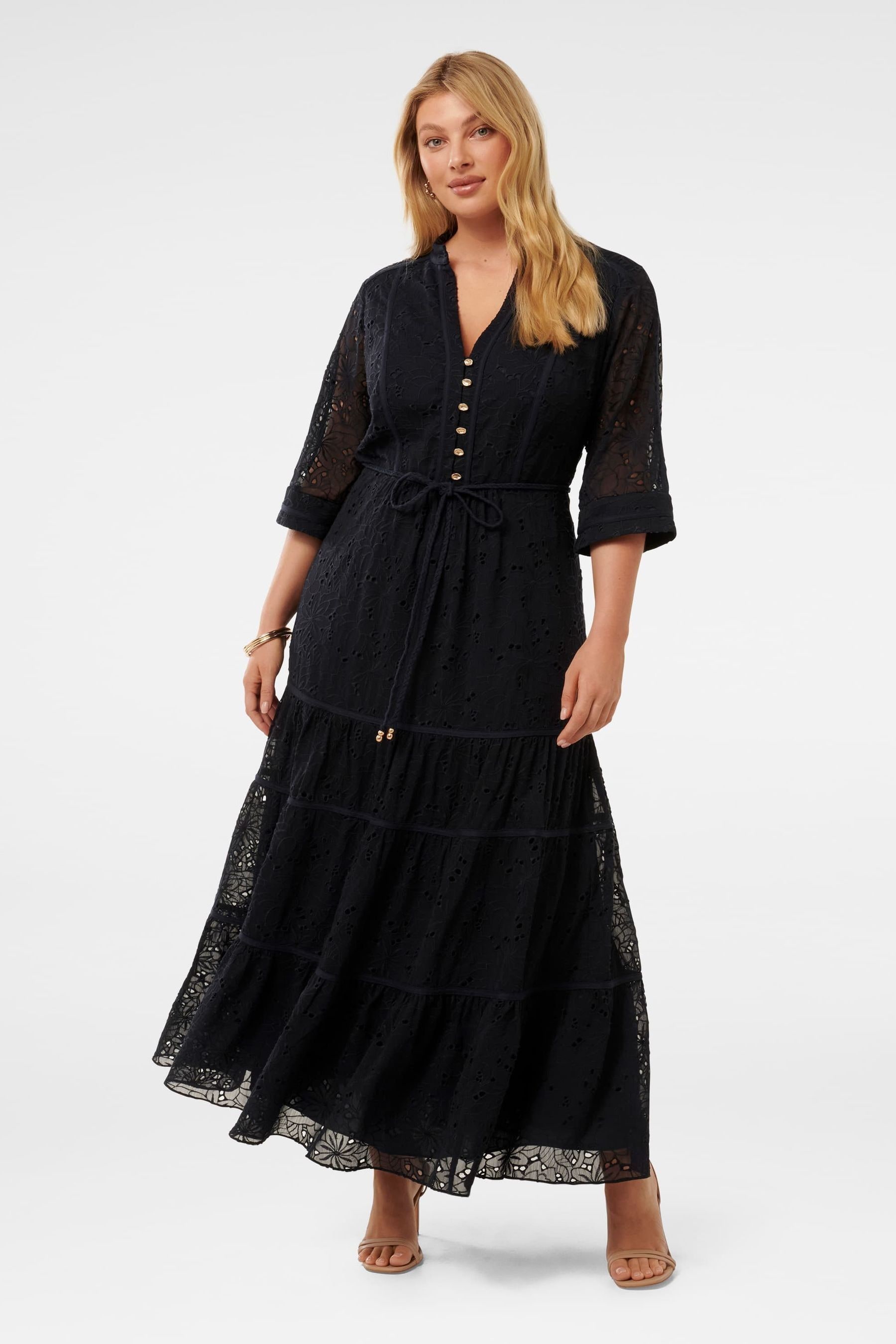 Buy Forever New Blue Rachel Curve Embroidered Maxi Dress from Next Luxembourg