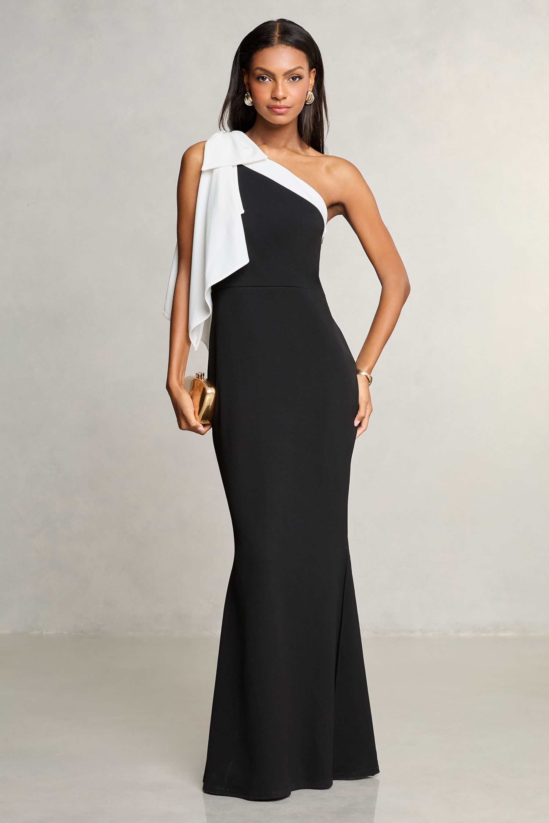 Lipsy Black White One Shoulder Bow Maxi Dress