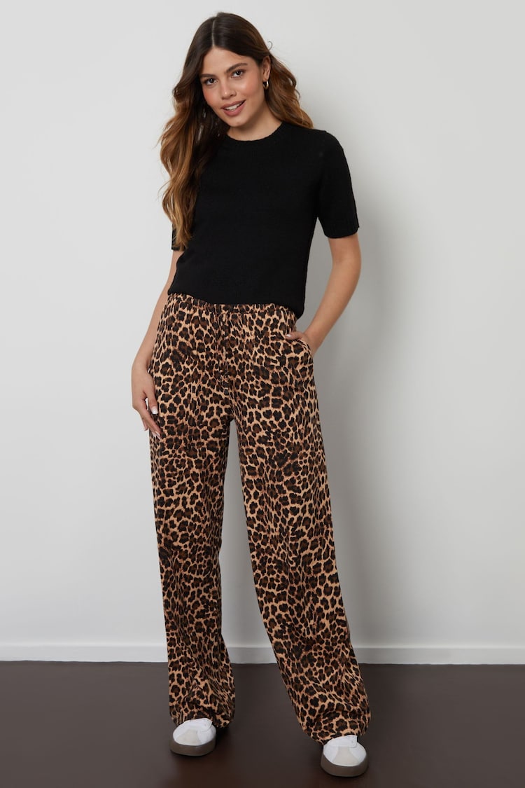 Threadbare Brown Leopard Print Jersey Wide Leg 100% Cotton Trousers - Image 1 of 4