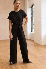 Black Textured Tie Waist Detail Jumpsuit - Image 2 of 8