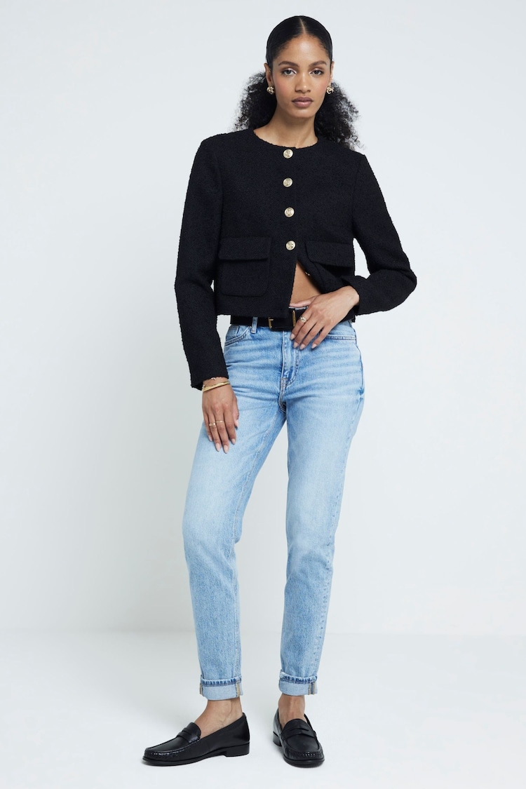 River Island Blue Mom High Rise Bum Sculpt Ripped 100% Cotton Jeans - Image 1 of 5