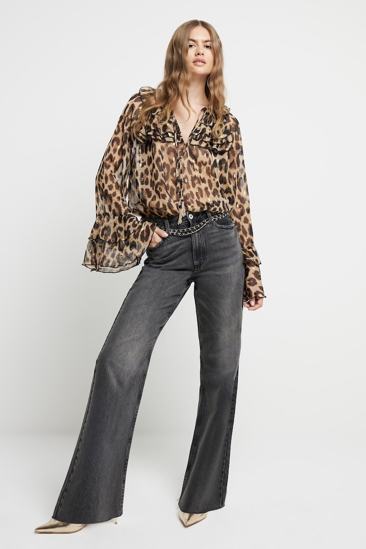 River Island Brown Long Sleeve Ruffle Leopard Print Blouse - Image 1 of 4