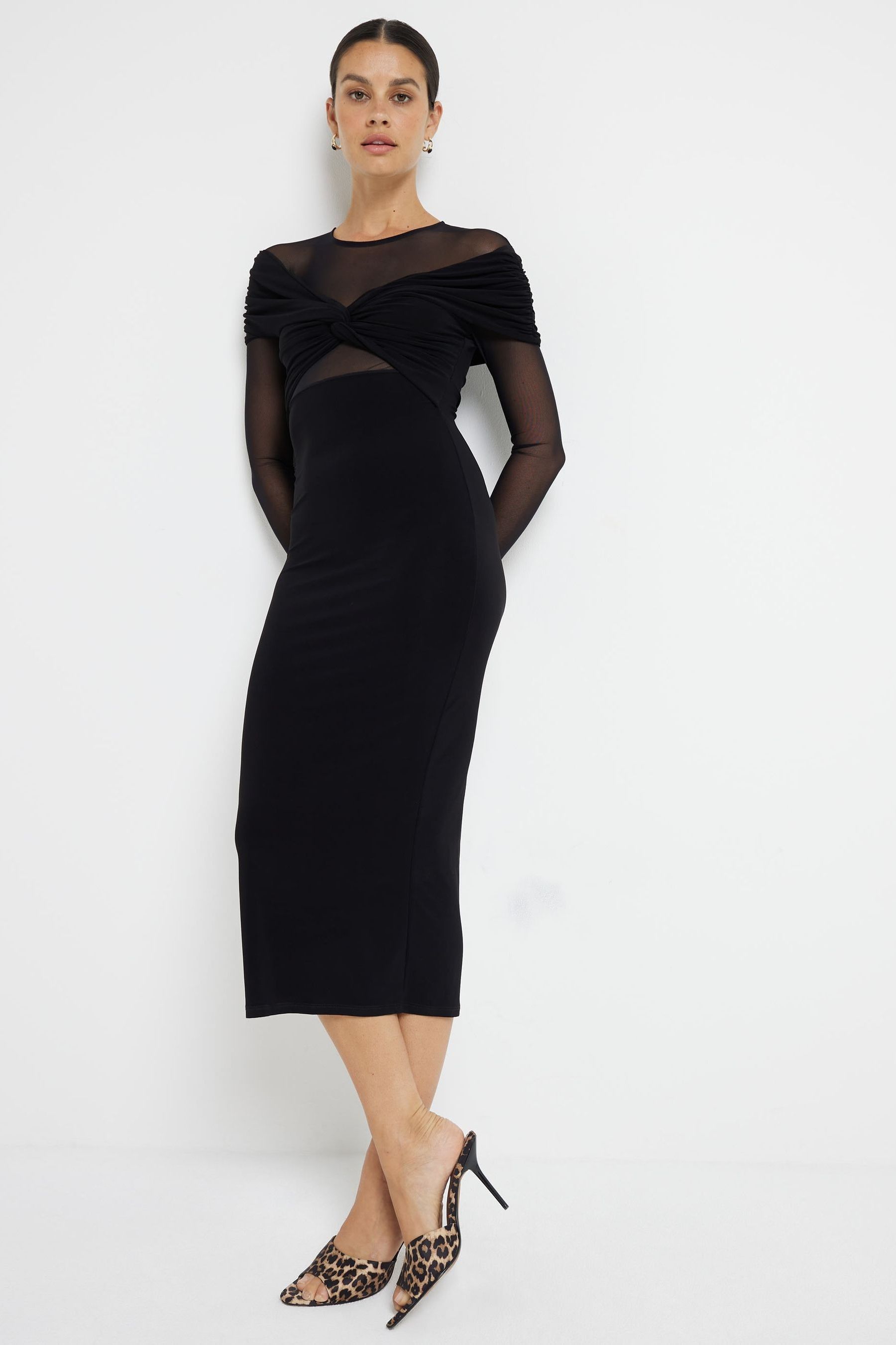 Buy River Island Black Mesh Bow Long Sleeve Midi Dress from the Next UK online shop