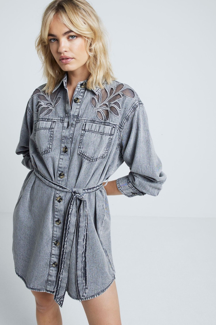 River Island Grey Long Sleeve Denim 100% Cotton Shirt Dress - Image 1 of 4