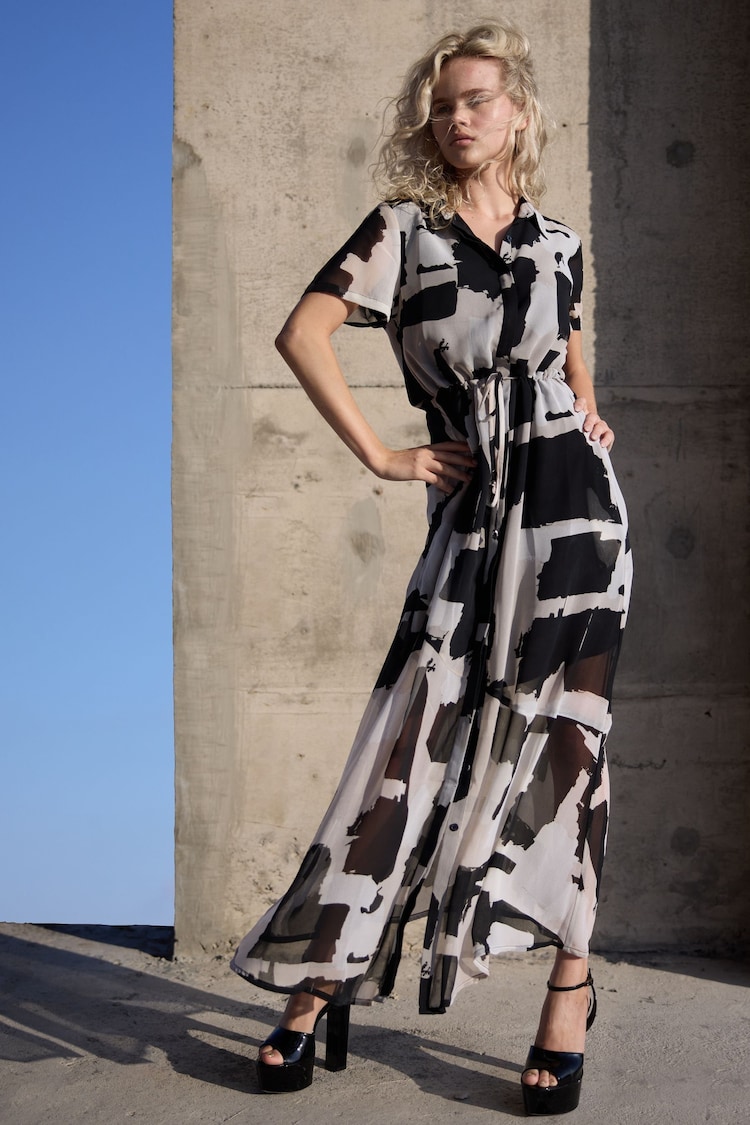 Religion White/Black Blossom Maxi Shirt Dress With Tie Waist Band in Hand-Painted Prints - Image 1 of 6