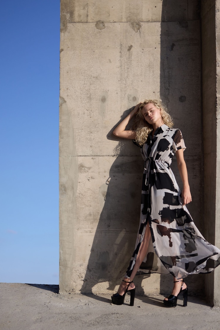 Religion White/Black Blossom Maxi Shirt Dress With Tie Waist Band in Hand-Painted Prints - Image 2 of 6