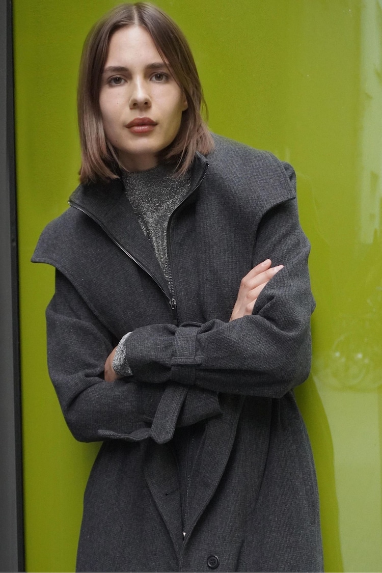 Buy Religion Grey Limit Wool Mix Belted Coat With Zip up Funnel 