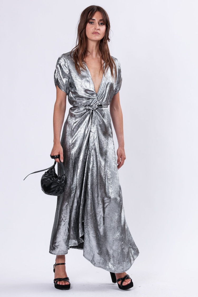 Religion Metallic Fold 2 Way Wrap Dress in Silver Foil - Image 2 of 6