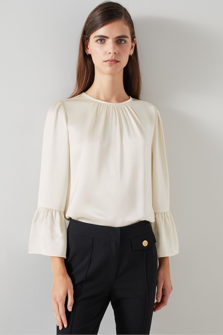 LK Bennett Cream Agnes Birch Satin Top With Frill Cuff - Image 1 of 4