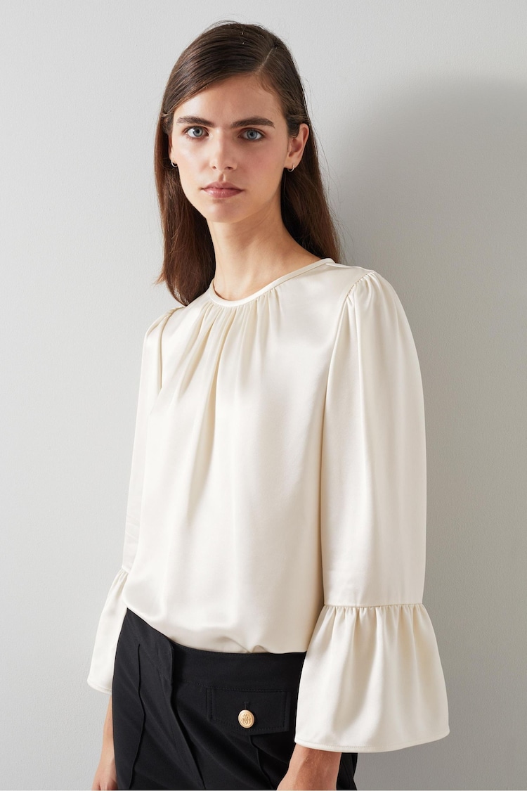 LK Bennett Cream Agnes Birch Satin Top With Frill Cuff - Image 2 of 4