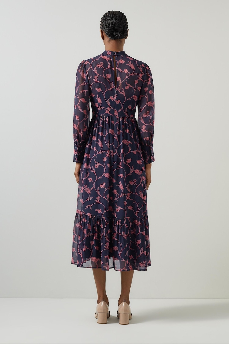 LK Bennett Blue Selina Spring Sketchy Floral Print Georgette Dress - Image 2 of 3