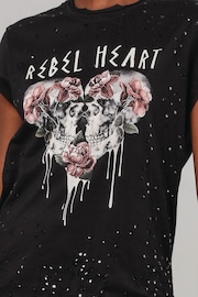 Religion Black Cap Sleeve Customised Style T-Shirt With Skull And Heart Graphic And Sequins - Image 6 of 6