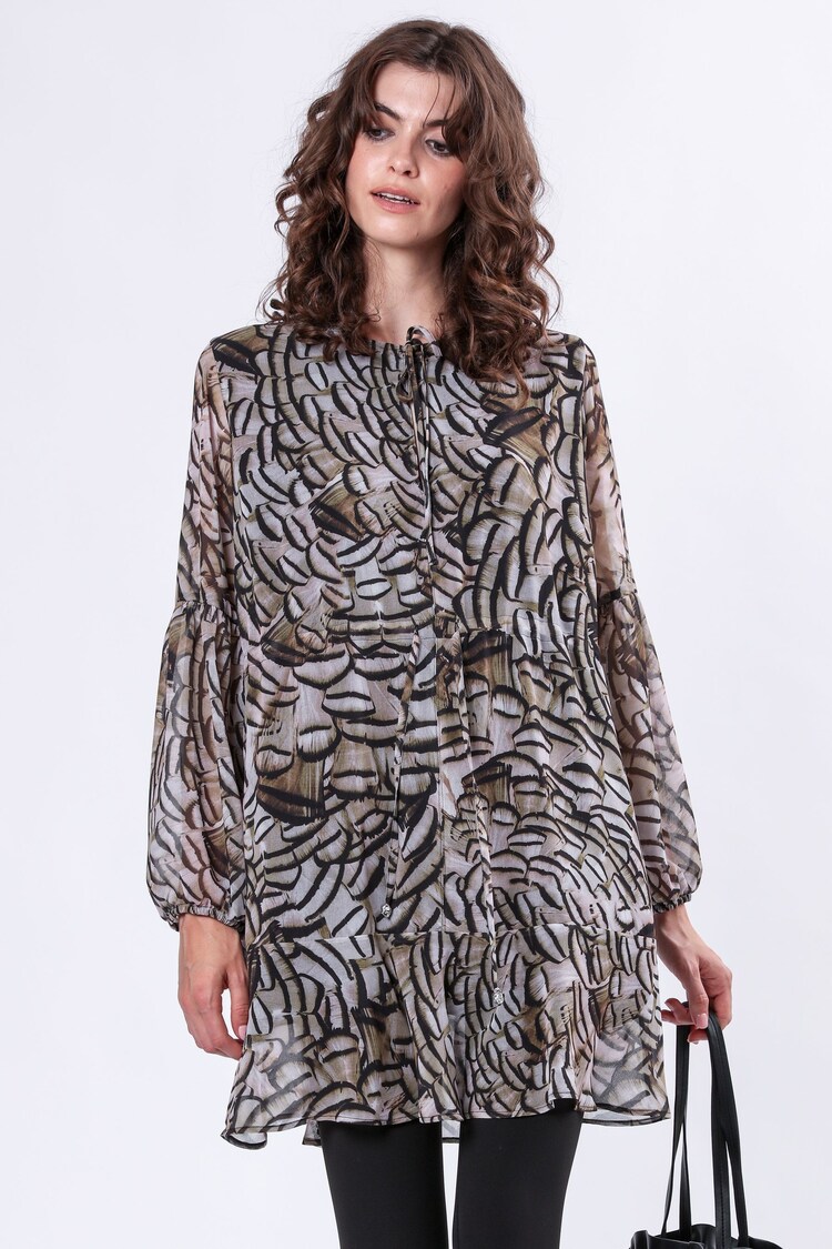 Religion Natural Infinity Mini Tunic Dress With Cuffed Sleeves In Hand Painted Prints - Image 2 of 6