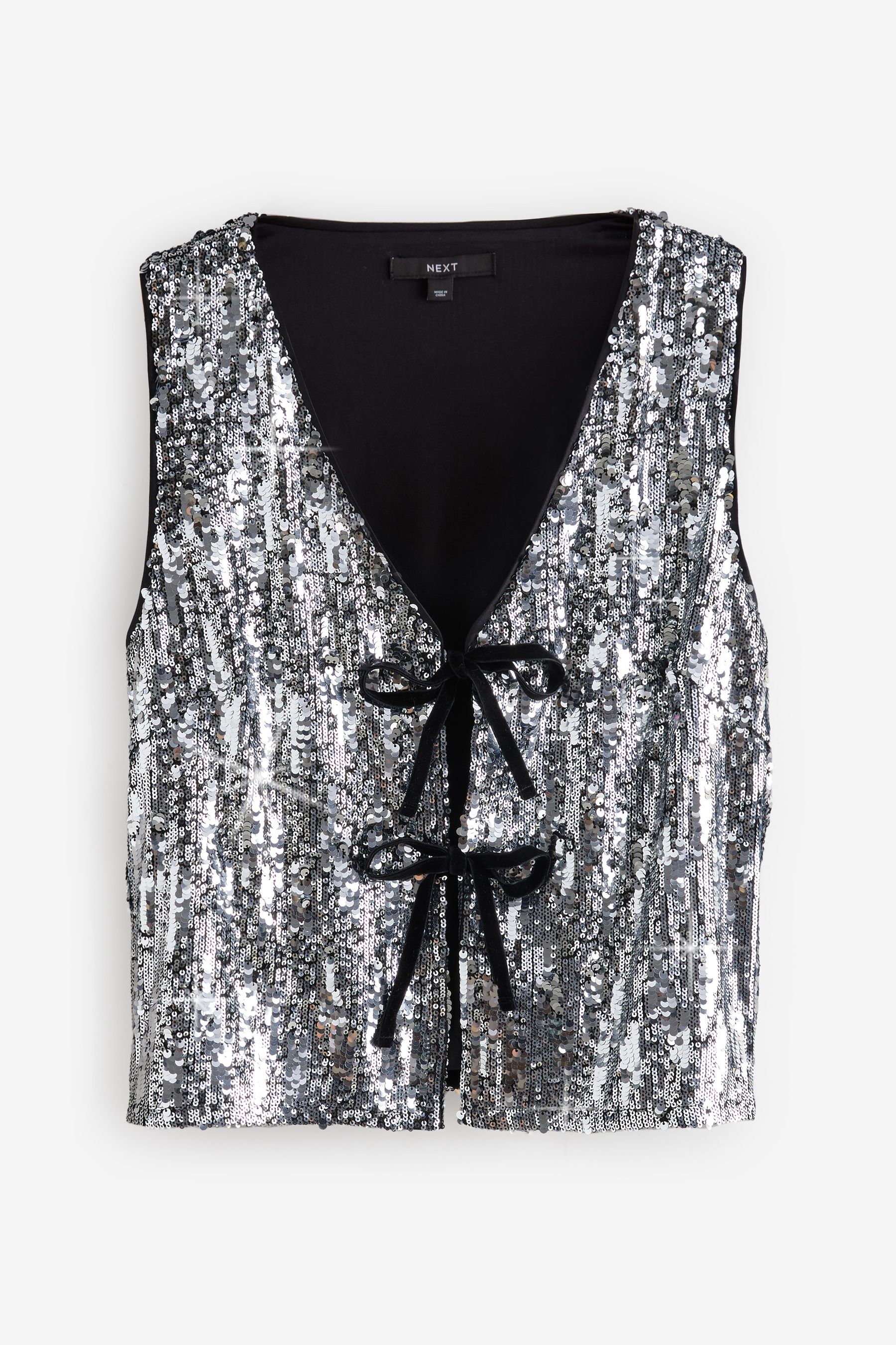Silver Tie Front Sequin Waistcoat